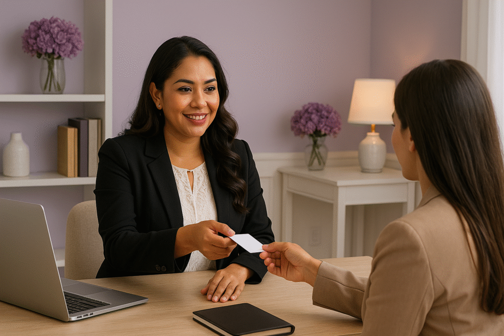 Abogada entregando tarjeta profesional a cliente en oficina legal de Veracruz