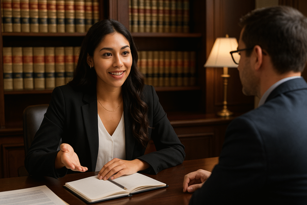 Abogada brindando asesoría legal profesional a pareja en Tlaxcala, México