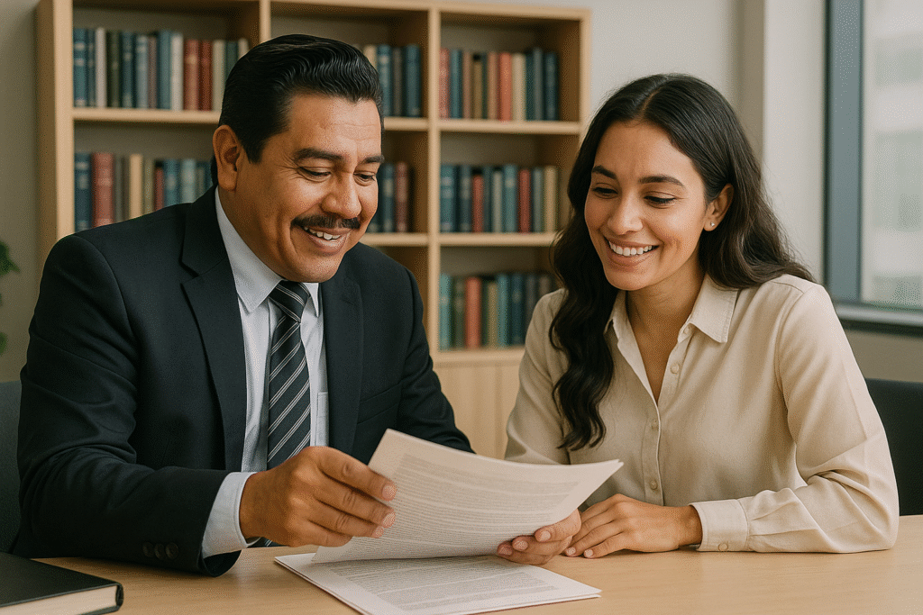 Consulta jurídica entre abogado y cliente en despacho legal en Veracruz con ambiente de confianza