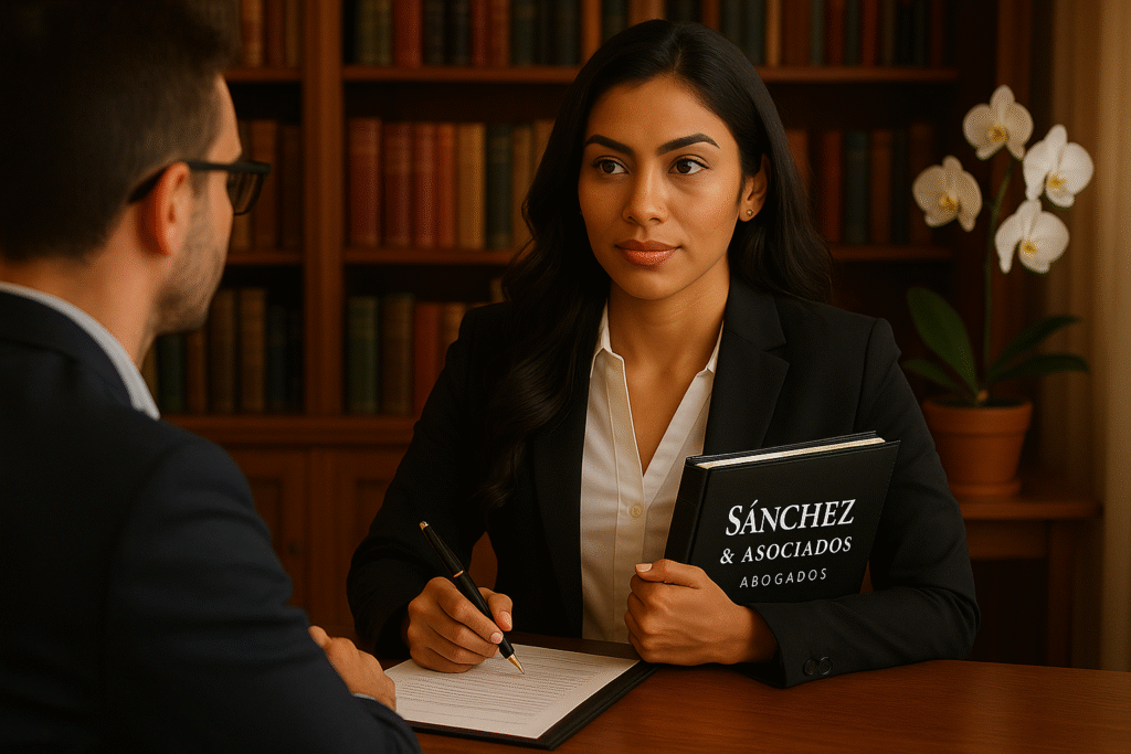 Abogada de Sánchez & Asociados atendiendo consulta en oficina jurídica de Tlaxcala