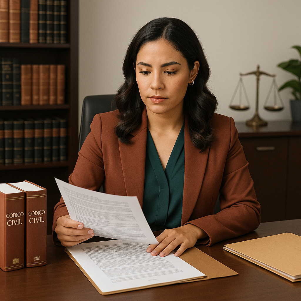 Abogada mexicana especializada en Derecho Civil revisando documentos legales en despacho profesional