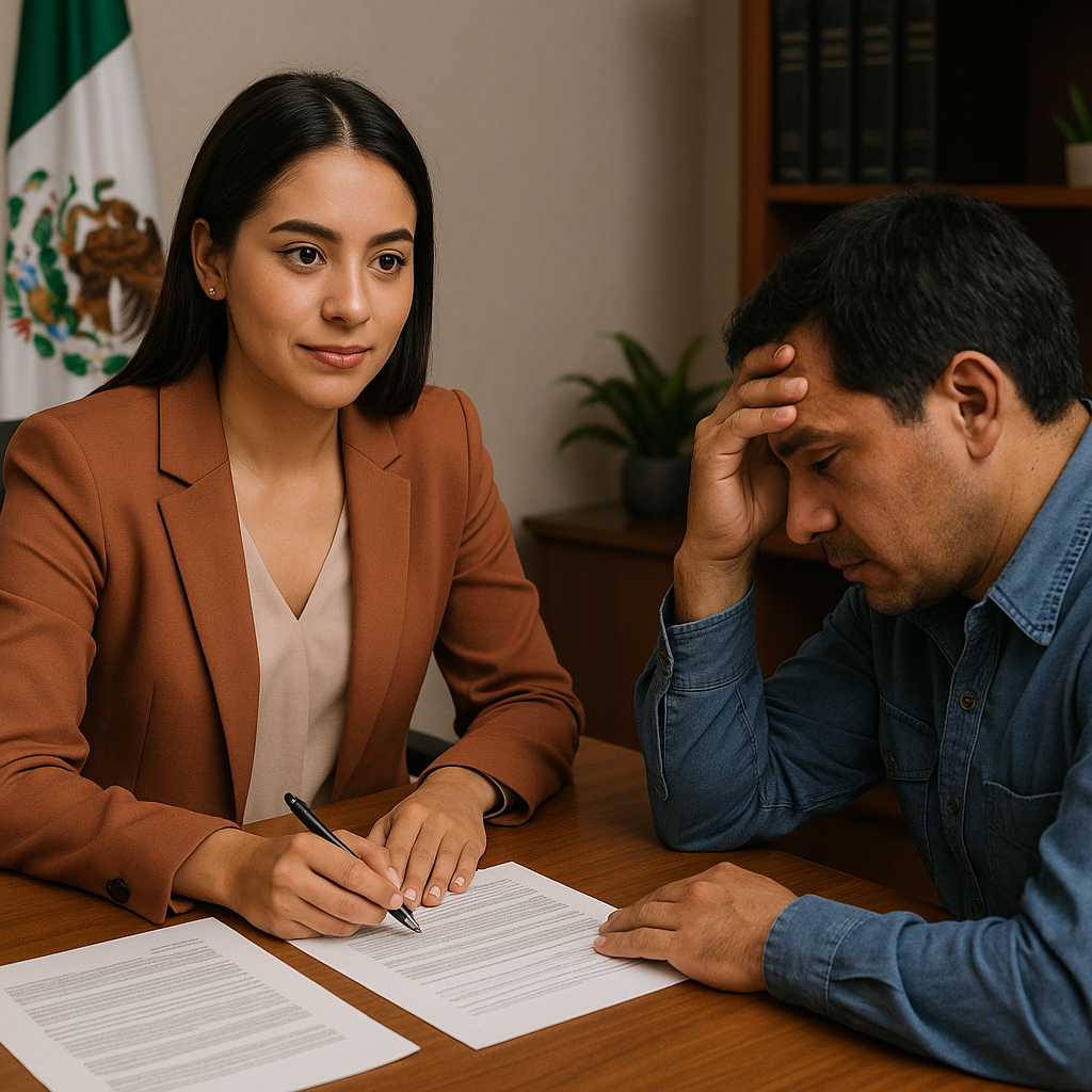 Abogada en Tlaxcala brindando asesoría legal a trabajador despedido injustificadamente con enfoque humano y profesional