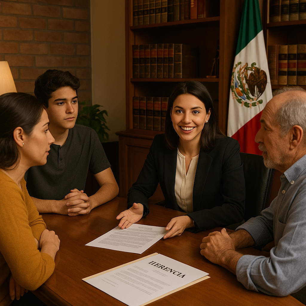 Abogada asesorando a familia sobre herencias y sucesiones intestamentarias y testamentarias en Morelos