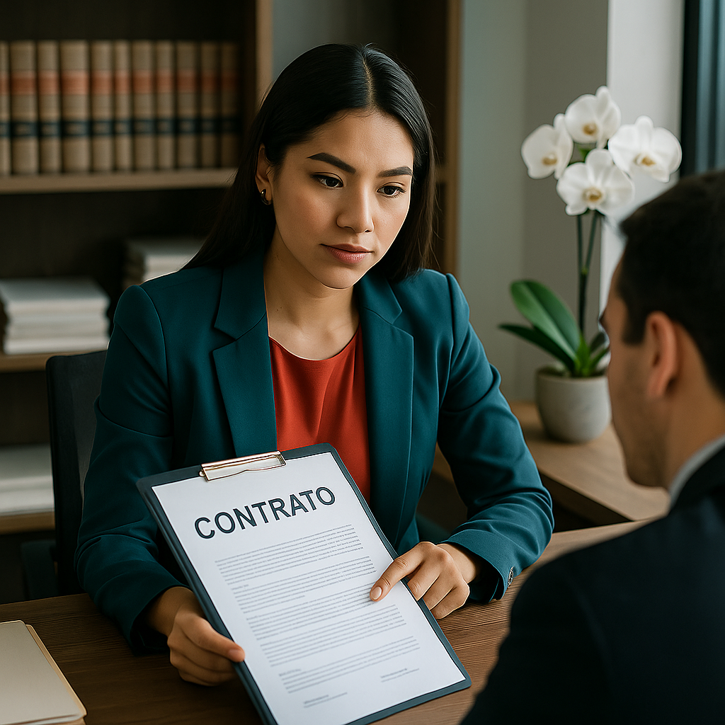 Abogada revisando un contrato legal con cliente en oficina profesional para casos de incumplimiento contractual
