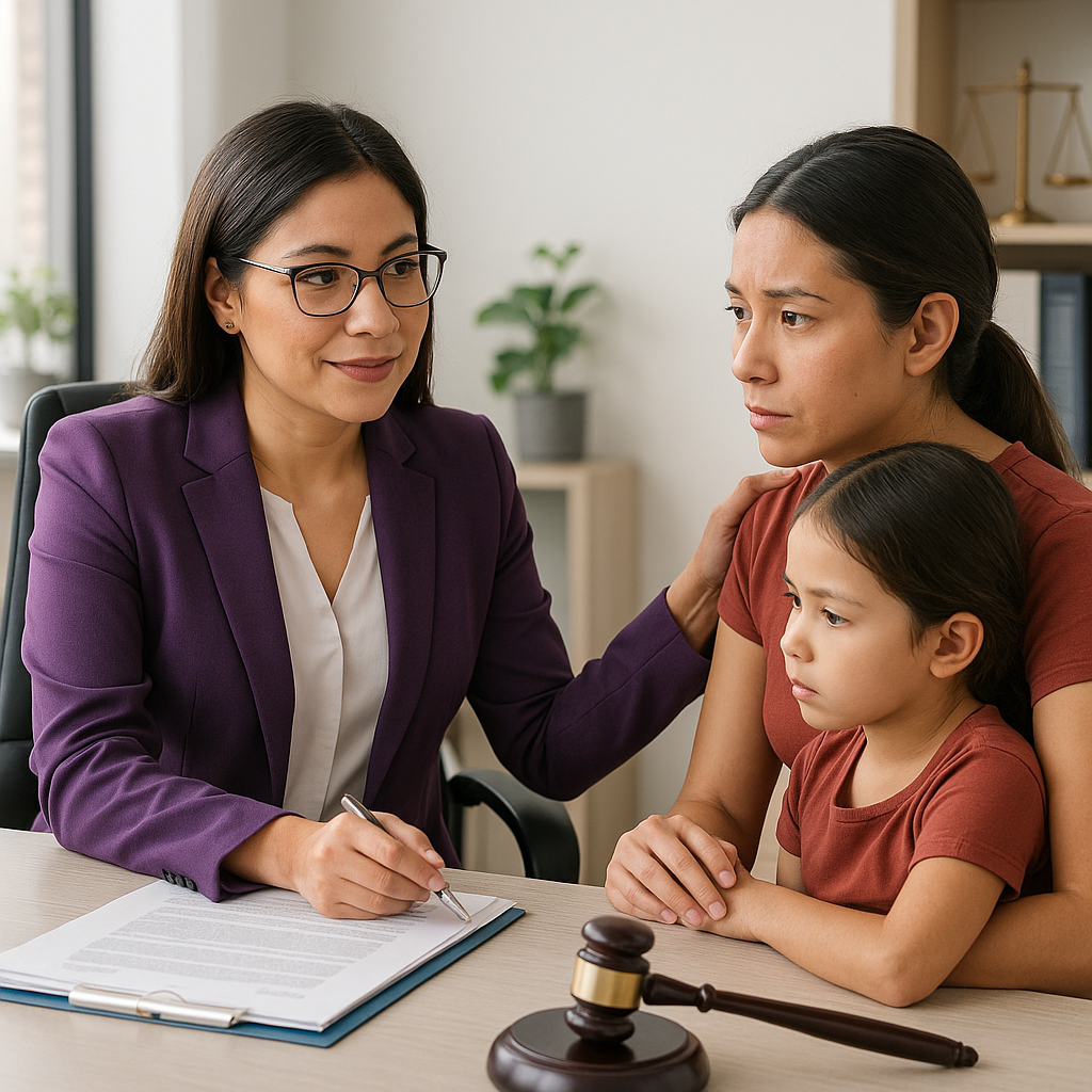 Abogada en Veracruz especializada en pensión alimenticia brindando asesoría a madre con actitud profesional, ética y empática en oficina legal.