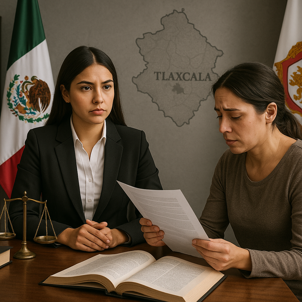 Abogada seria asesorando a madre en juicio por pérdida de patria potestad en Tlaxcala