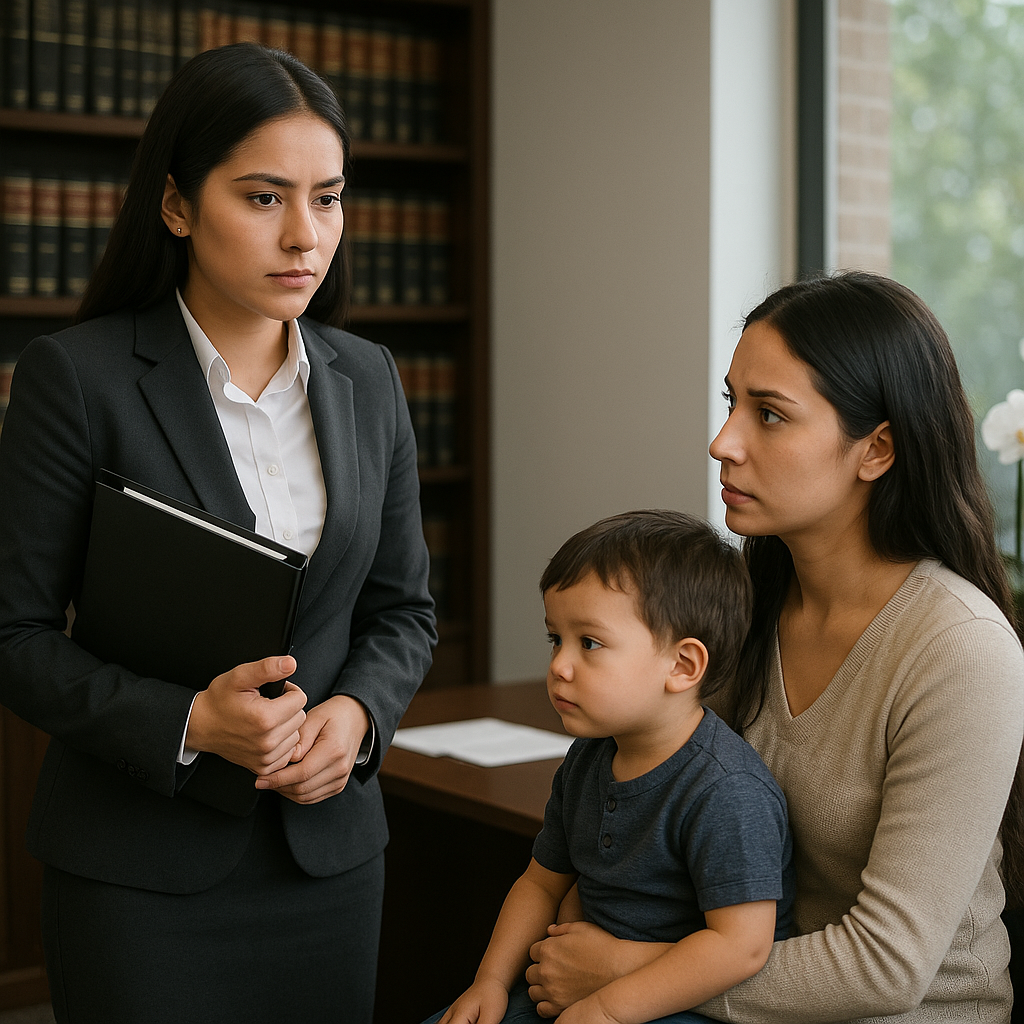 Abogada seria brindando asesoría sobre reconocimiento de paternidad a madre con hijo en Puebla, en oficina legal confiable