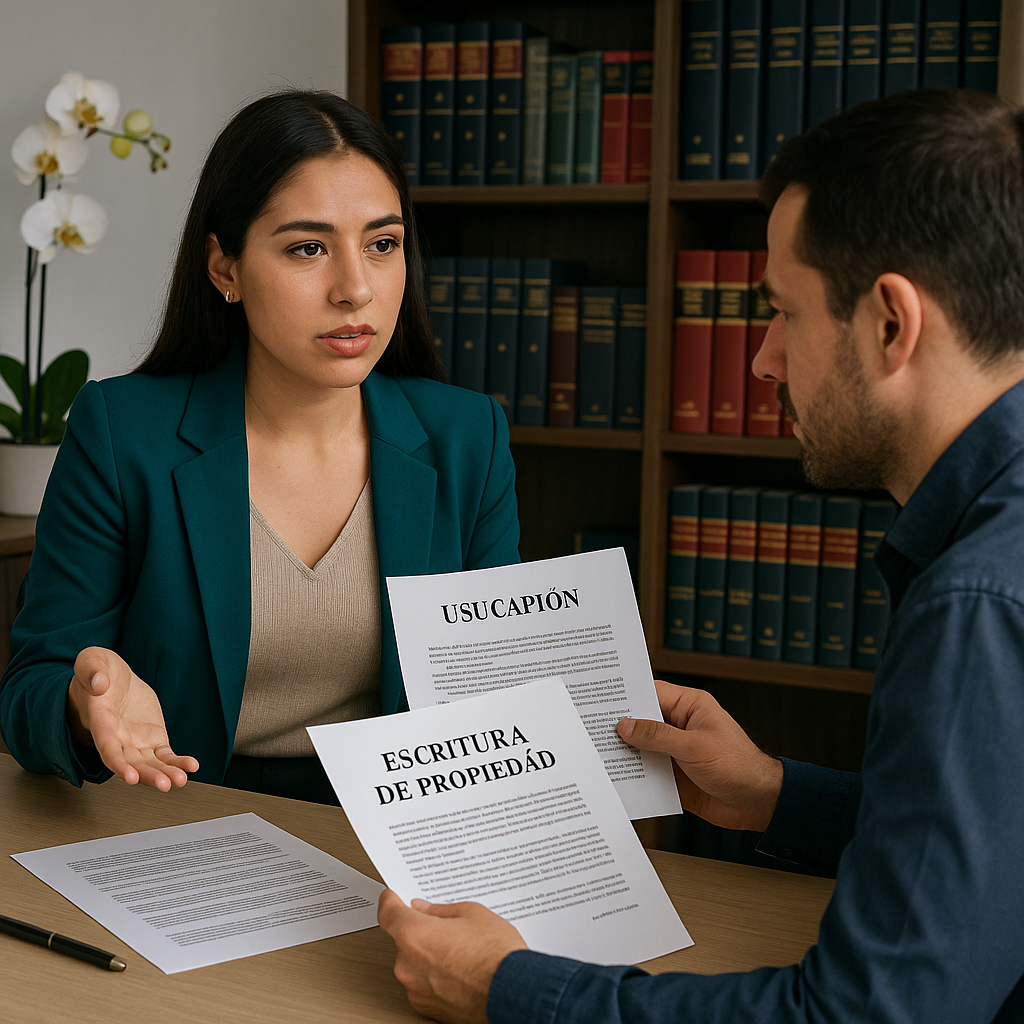 Abogada brindando asesoría legal sobre usucapión a cliente interesado en regularizar una propiedad en México